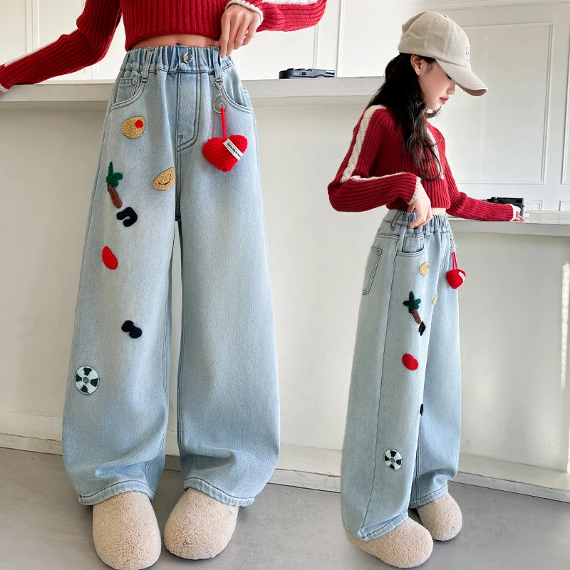 女童加绒牛仔裤秋冬款2024新款儿童一体绒裤子大童女孩冬季阔腿裤