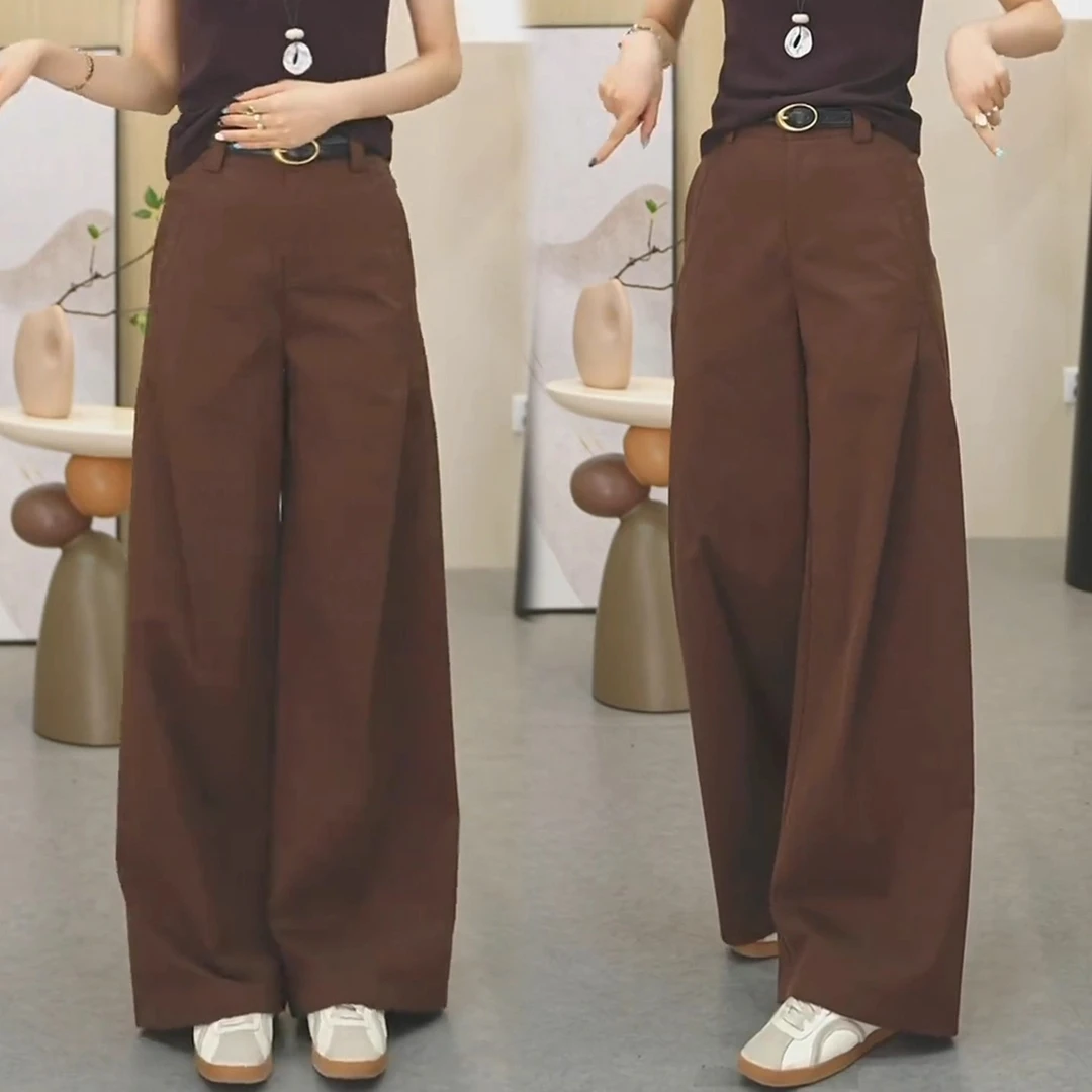 深焙棕高级感压褶阔腿裤女2025秋季新款高腰显瘦直筒裤垂感休闲裤