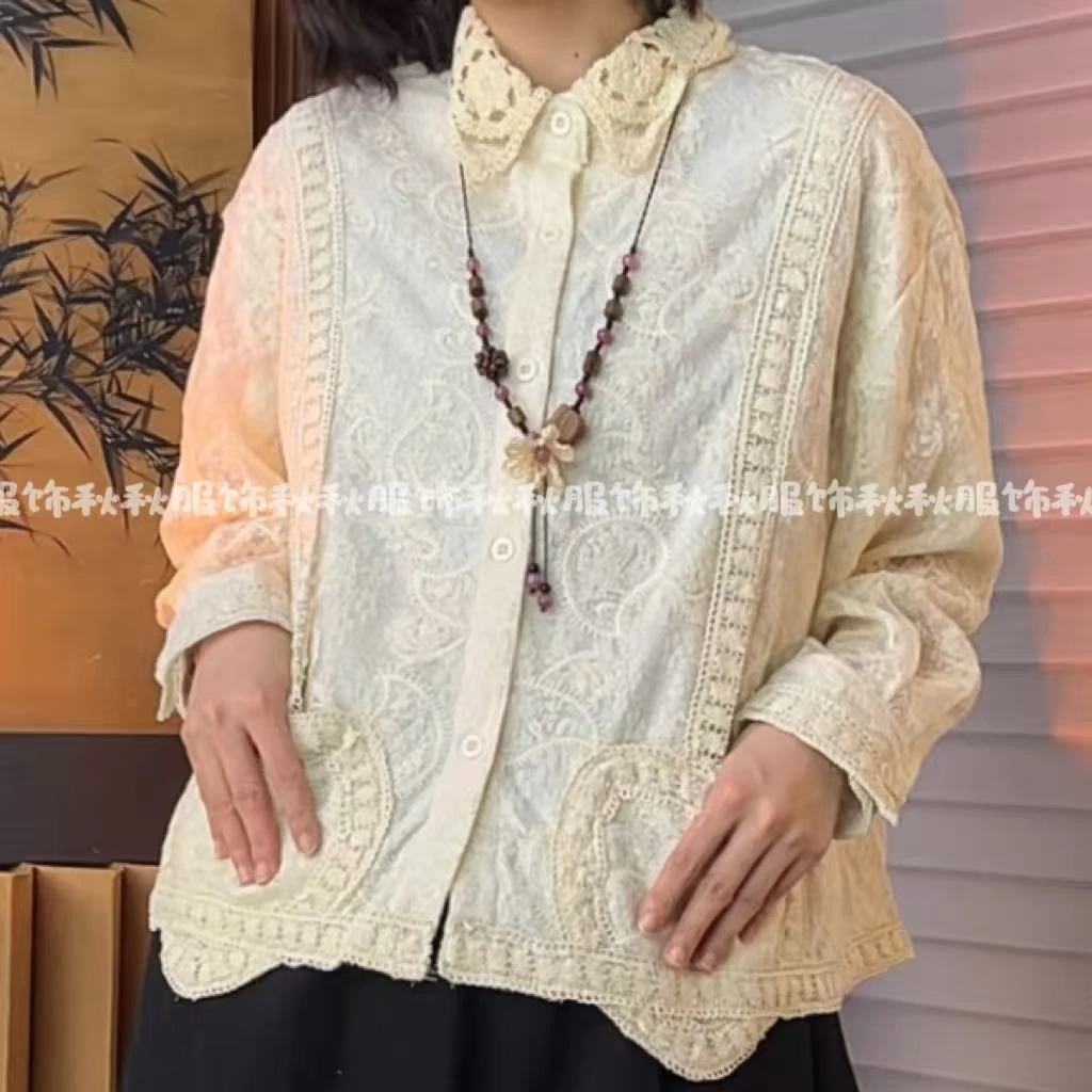 LQQ“爱心口袋”（有里衬）自制原创拼接多种蕾丝爱心双口袋长袖衬衫