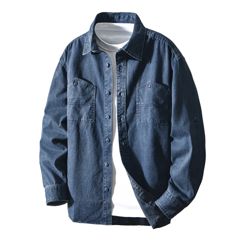 秋季新款美式复古牛仔衬衫长袖男士工装风衬衣休闲宽松上衣百搭潮