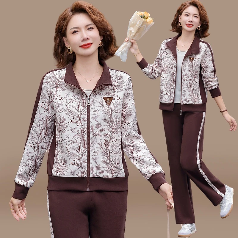 妈妈秋装运动服套装休闲印花外套2025新款中老年女春秋上衣两件套