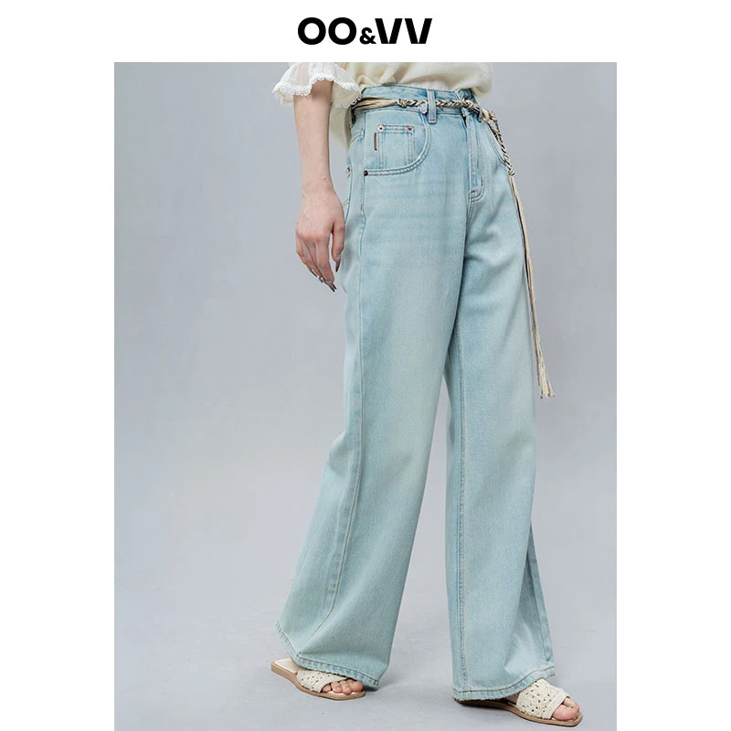 OO&VV浅蓝色阔腿牛仔裤女2025年夏季新款薄款拖地阔腿裤子配腰带