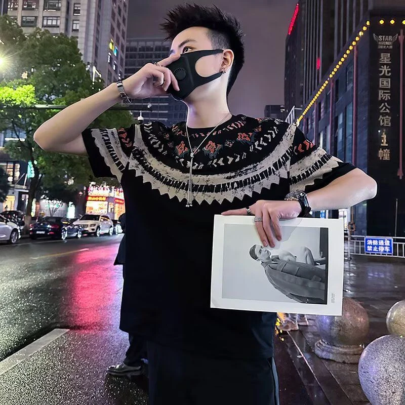 高级感撞色印花T恤男2025新款夏季潮牌痞帅短袖男士潮流休闲体恤