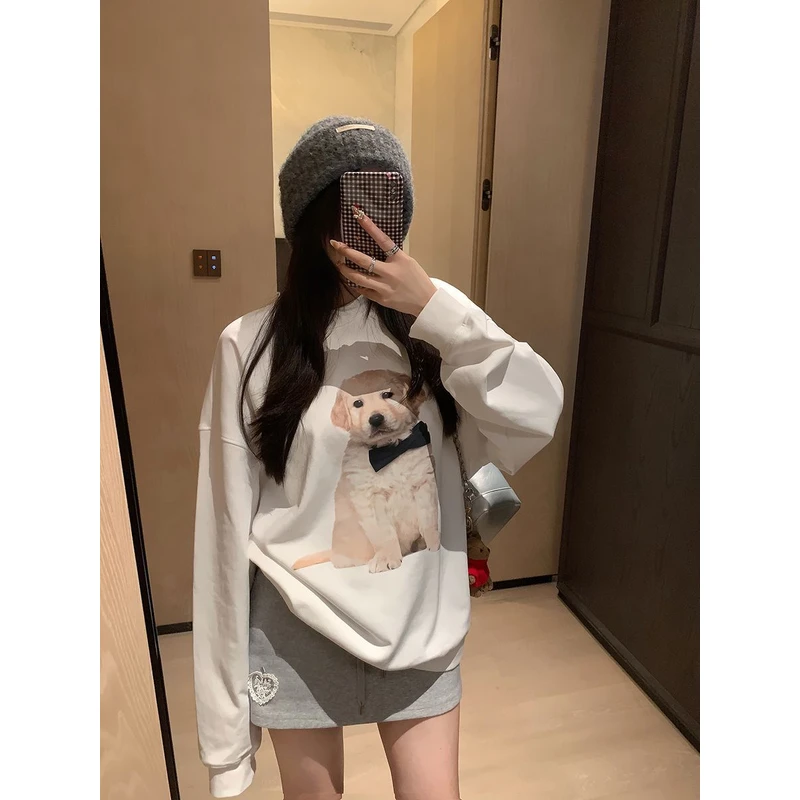 【AORSKK】重磅时尚圆领卫衣女设计感可爱小狗印花中长款宽松休闲