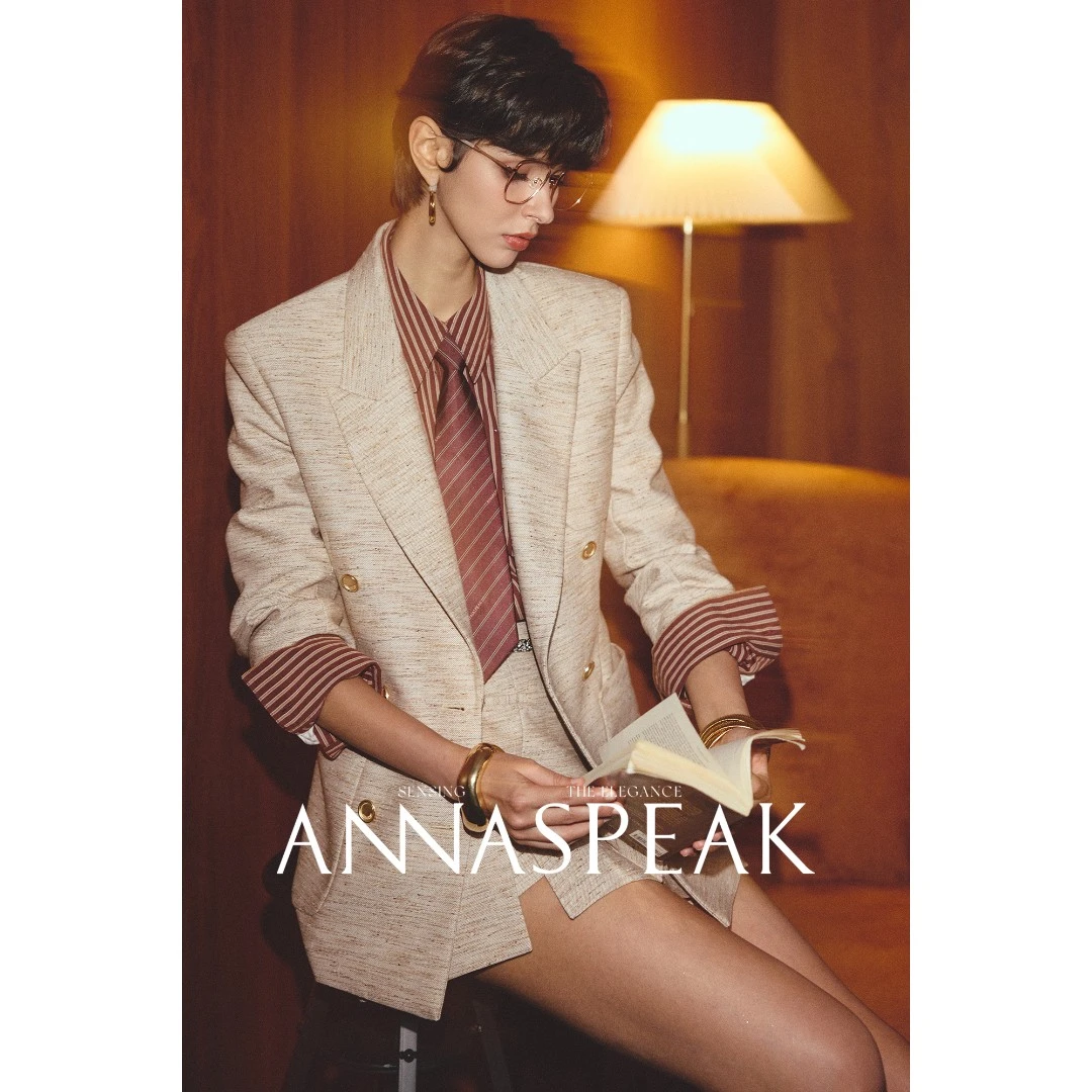 ANNASPEAK复古老钱獨家定染混色竹节花式羊毛西装外套百褶裤裙