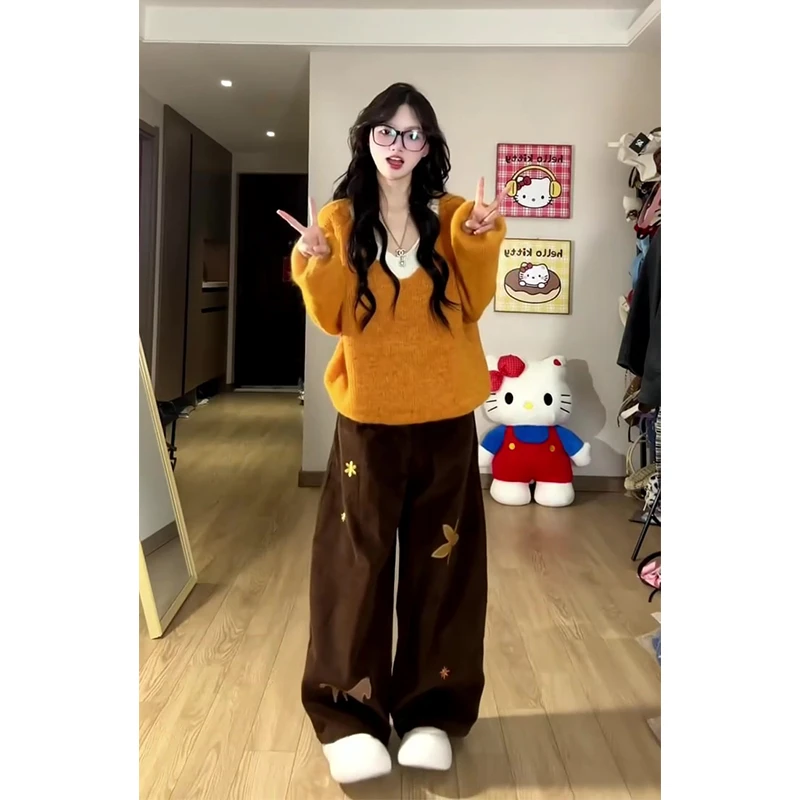 2025秋冬法式气质V领长袖毛衣内搭修身上衣高腰显瘦阔腿长裤套装