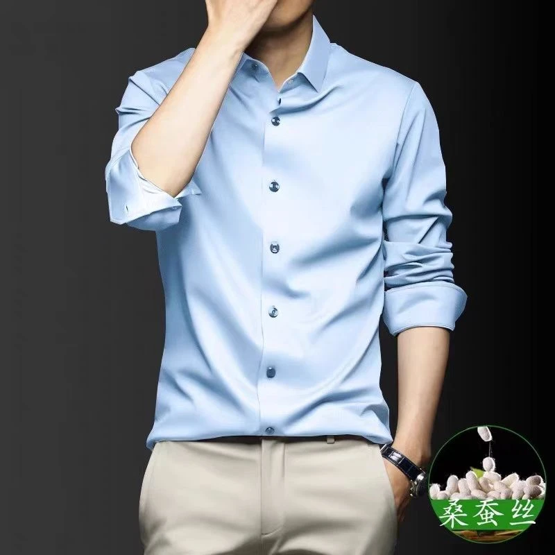 宏伟无痕长袖桑蚕丝衬衫男士商务休闲免烫抗皱高级感春夏秋衬衣