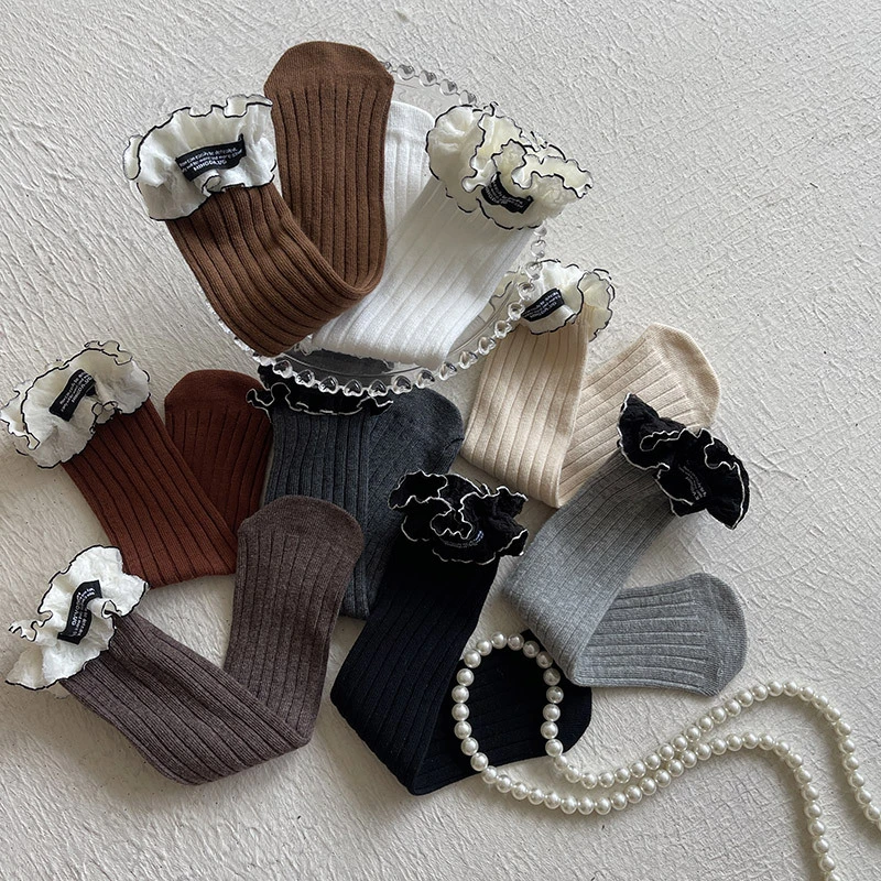 设计师款新品香香花边字母标女儿童宝宝宽条中筒堆堆袜女