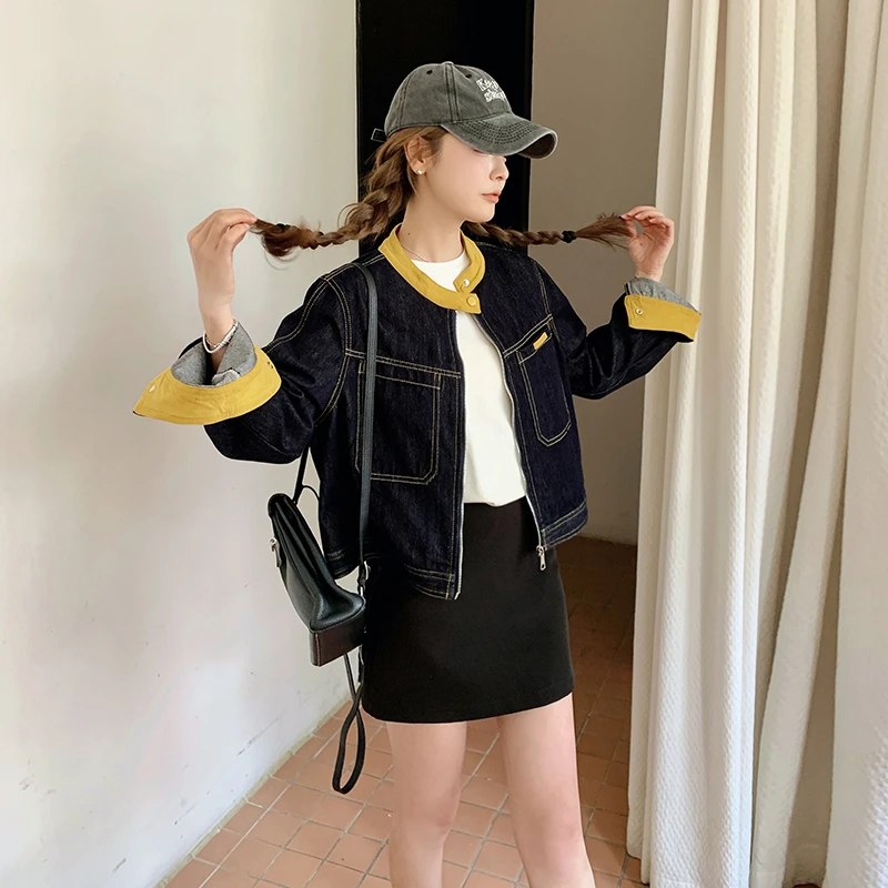 黄色拼接牛仔外套女春秋2025新款高级感时髦洋气爆款流行小个子