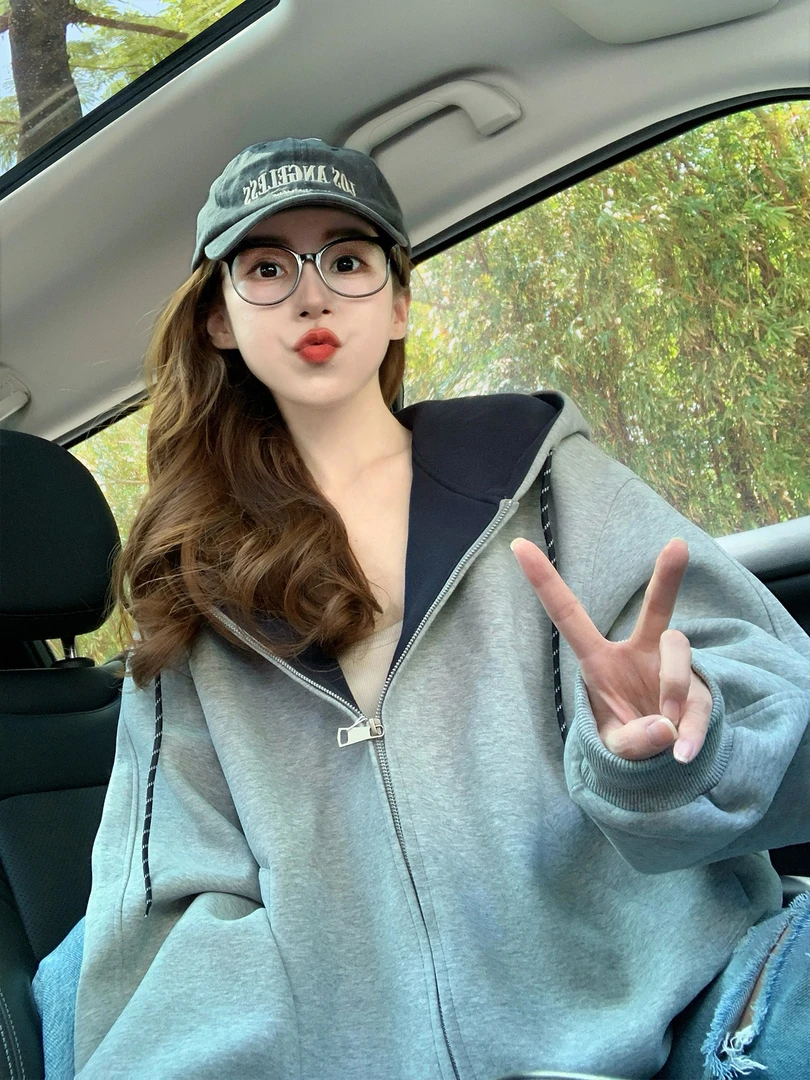 灰色撞色连帽卫衣外套女2025秋季美式复古oversize宽松百搭上衣潮