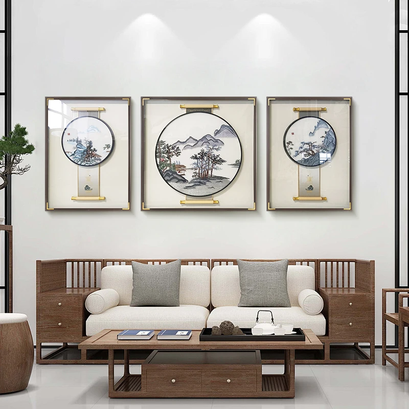 新款刺绣高端轻奢沙发背景墙客厅三联挂画苏绣壁画