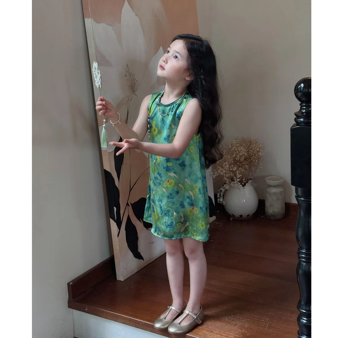 壹妈原创设计女童夏季新中式时尚绿色挂脖裙国风文艺休闲旗袍裙
