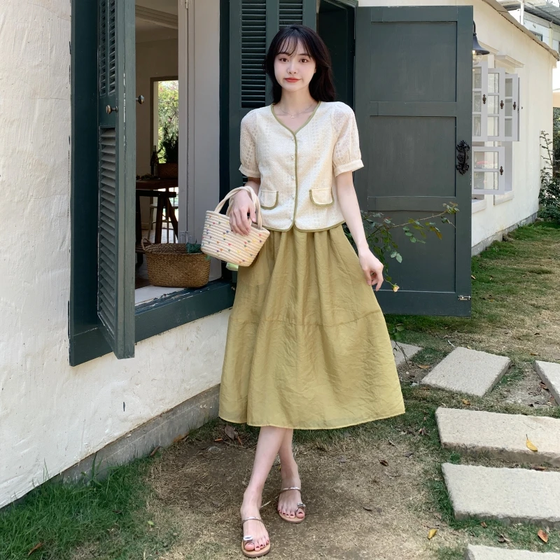 【小曹大码】甜美小香风简约短款上衣+显瘦半身裙两件套-MYN1766