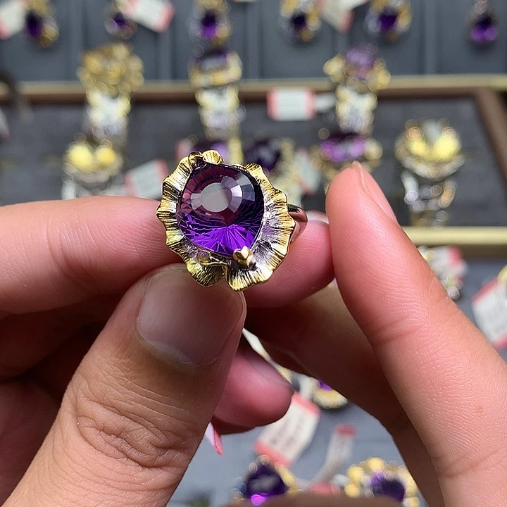 戒指银S925镀金镶嵌水晶