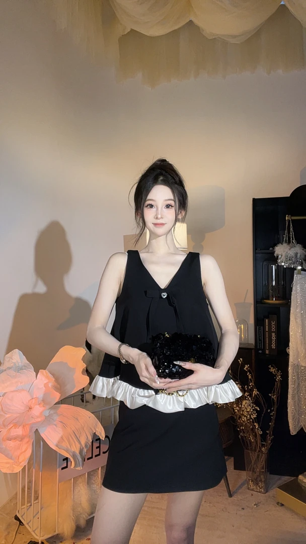 【崔】A0157切糕小个子夏季女时尚通勤韩版休闲套装两件套无袖黑色
