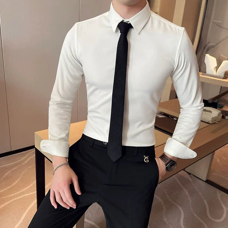 痞帅长袖男士衬衫职业韩版修身时尚纯色衬衣休闲百搭结婚商务英伦
