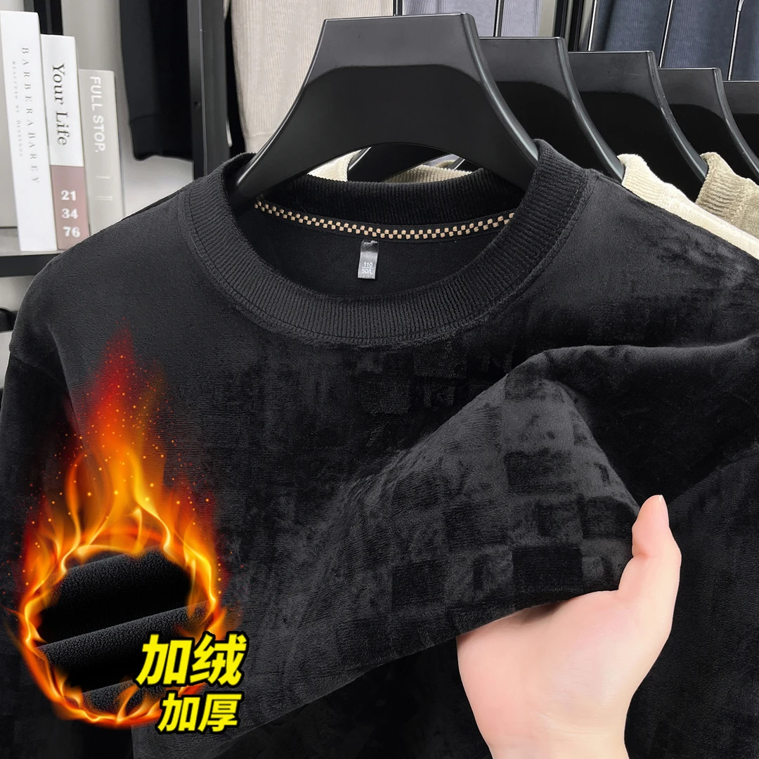 提花修身圆领上衣冬季秋季长袖加厚保暖加绒休闲卫衣