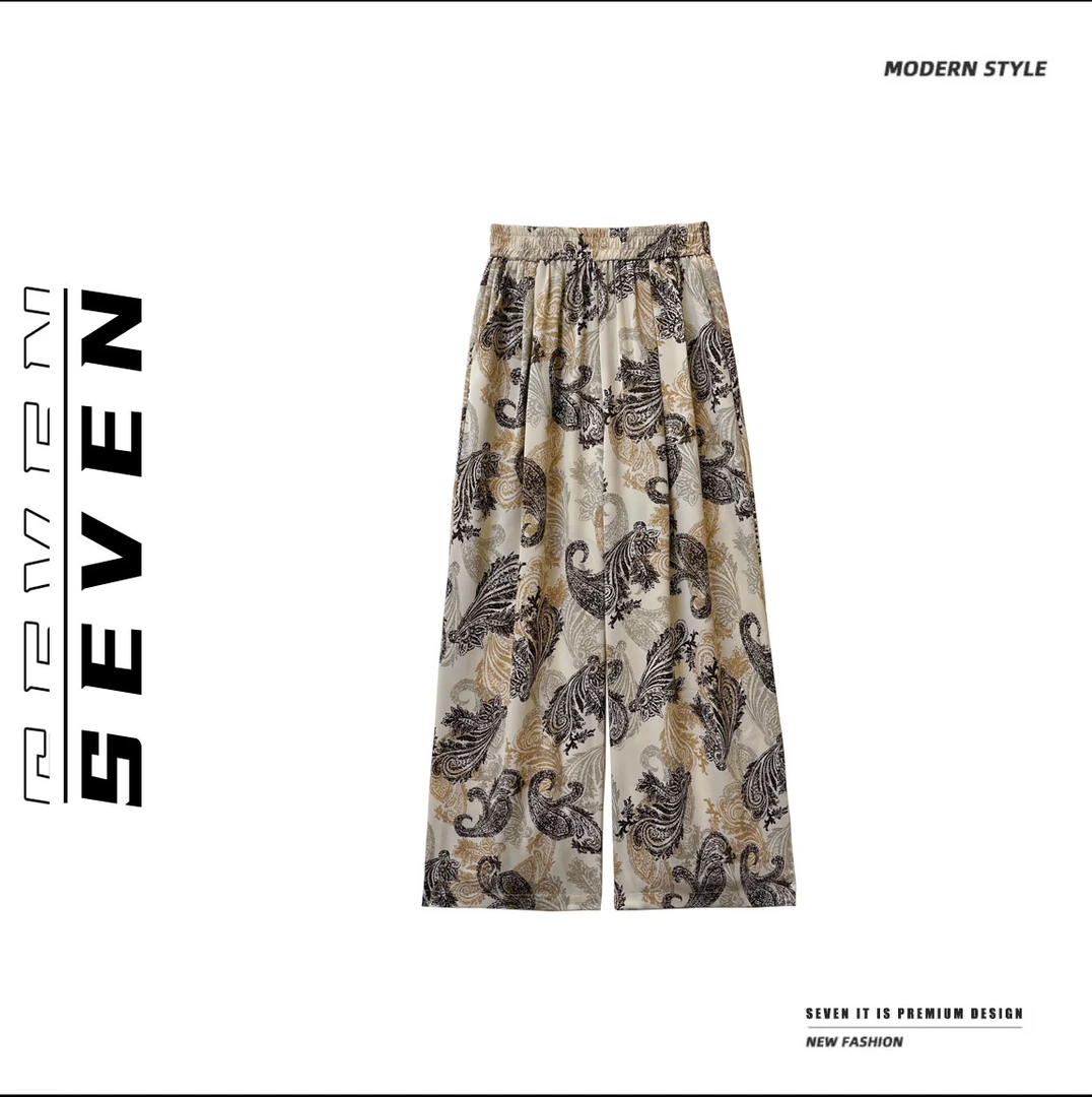 SEVEN【浪漫土耳其】美式复古印花橡筋腰直筒宽松阔腿长裤