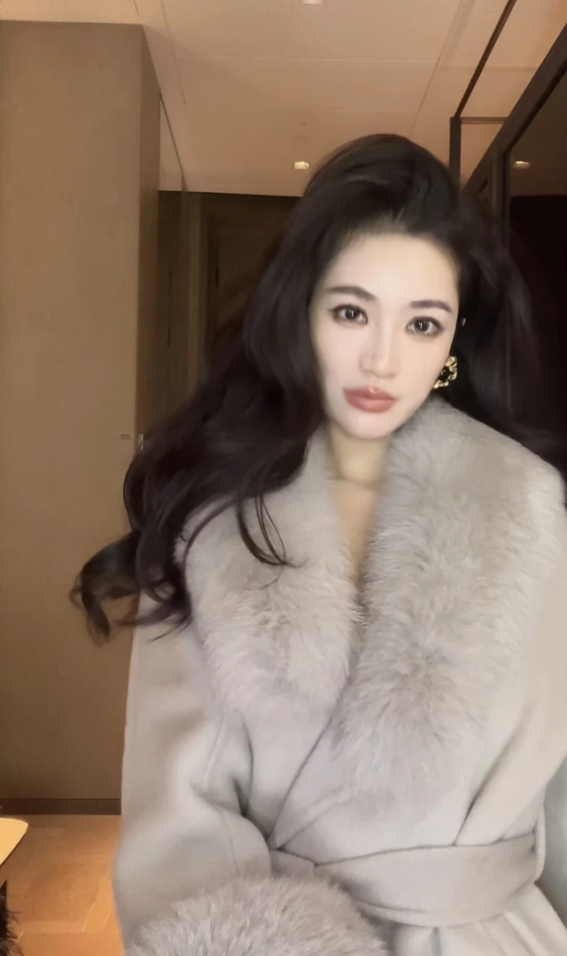 奢华银河灰狐狸毛领羊绒绵羊毛大衣外套05511256