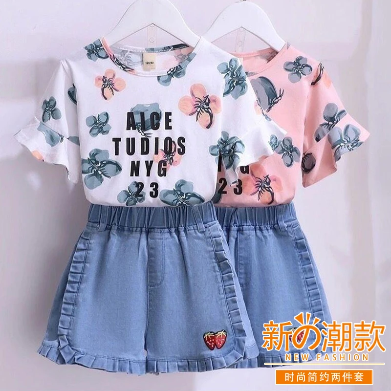 女童牛仔裙夏季两件套2025新品儿童时尚印花中大儿童短袖短裙套装