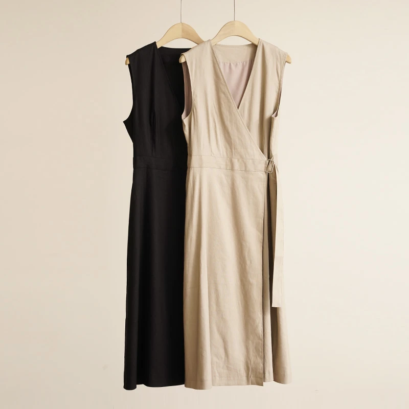 外贸品牌亚麻混纺极简通勤无袖围裹式收腰系带女士连衣裙（250772）
