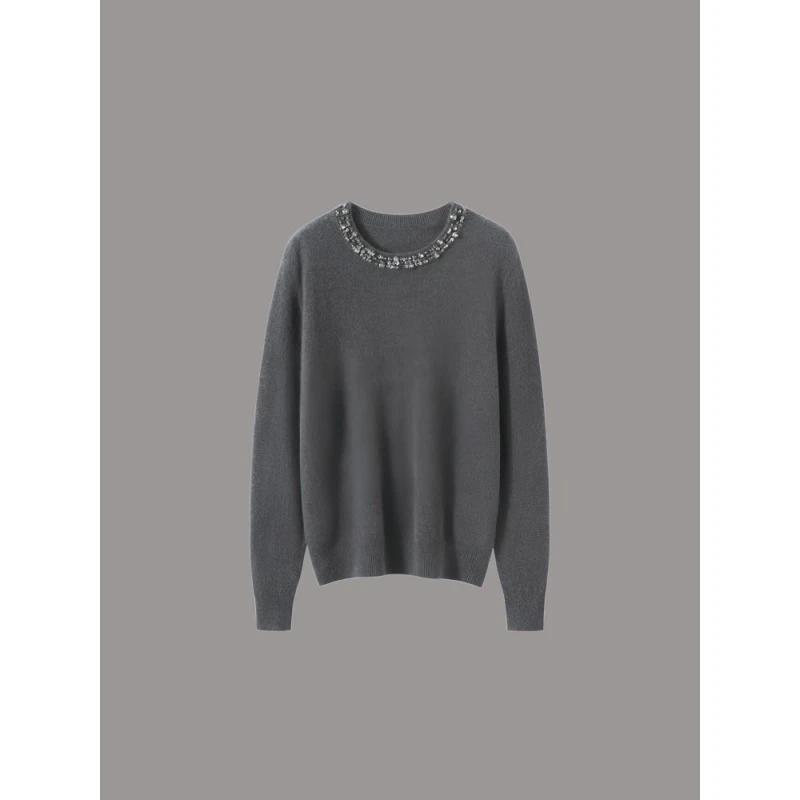 MGOTWI—康赛妮羊绒纱线手工钻长袖12针圆领毛衣女显瘦内搭上衣