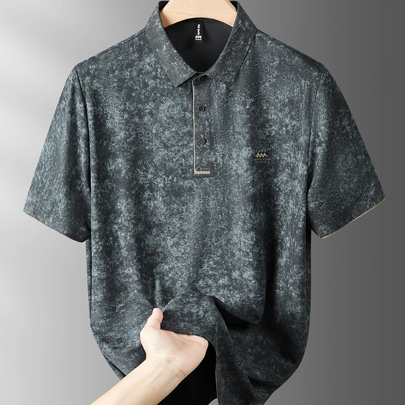 夏季晕染风冰丝短袖polo衫男胖子加肥加大码商务休闲宽松半袖T恤t