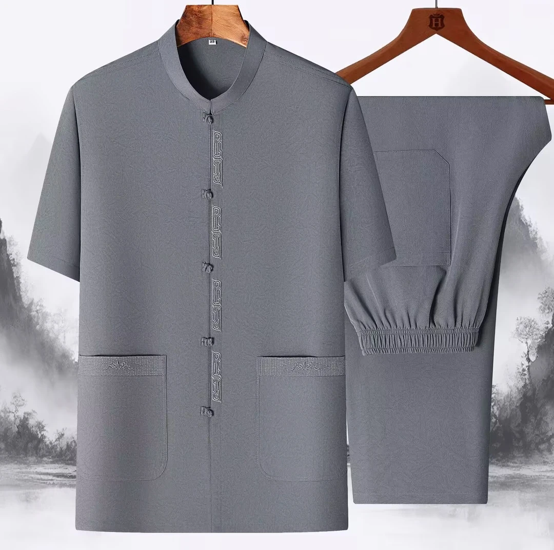 中老年人刺绣唐装夏季短袖衬衫套装男夏天冰丝衣服宽松爷爷爸爸装