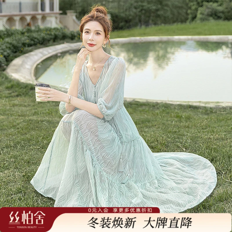 丝柏舍2025夏季新款女装时尚中长款V领收腰拼接连衣裙S52R2183L