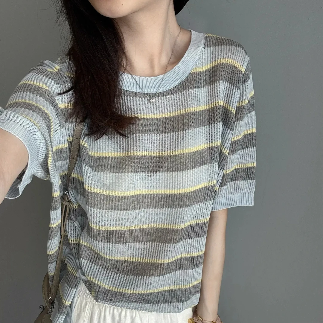 撞色条纹圆领下摆纽扣设计感小众针织T恤女