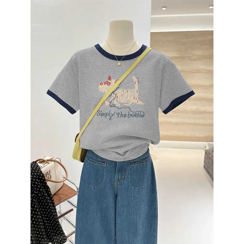 2025新款拼色正肩显瘦短袖洋气小众设计感上衣女夏薄款灰色打底衫