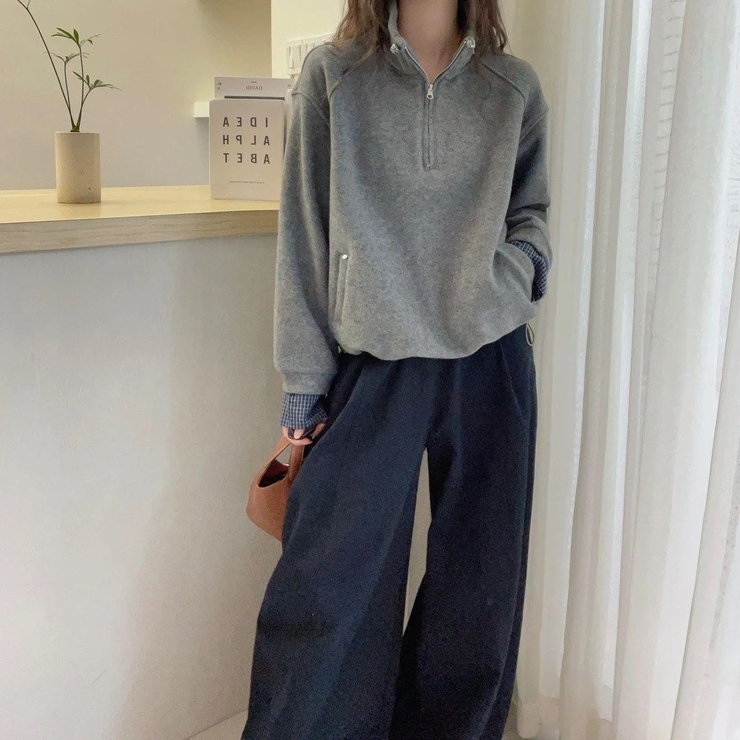 灰色半拉链加绒加厚卫衣女欧洲站2025冬季欧货潮宽松假两件上衣