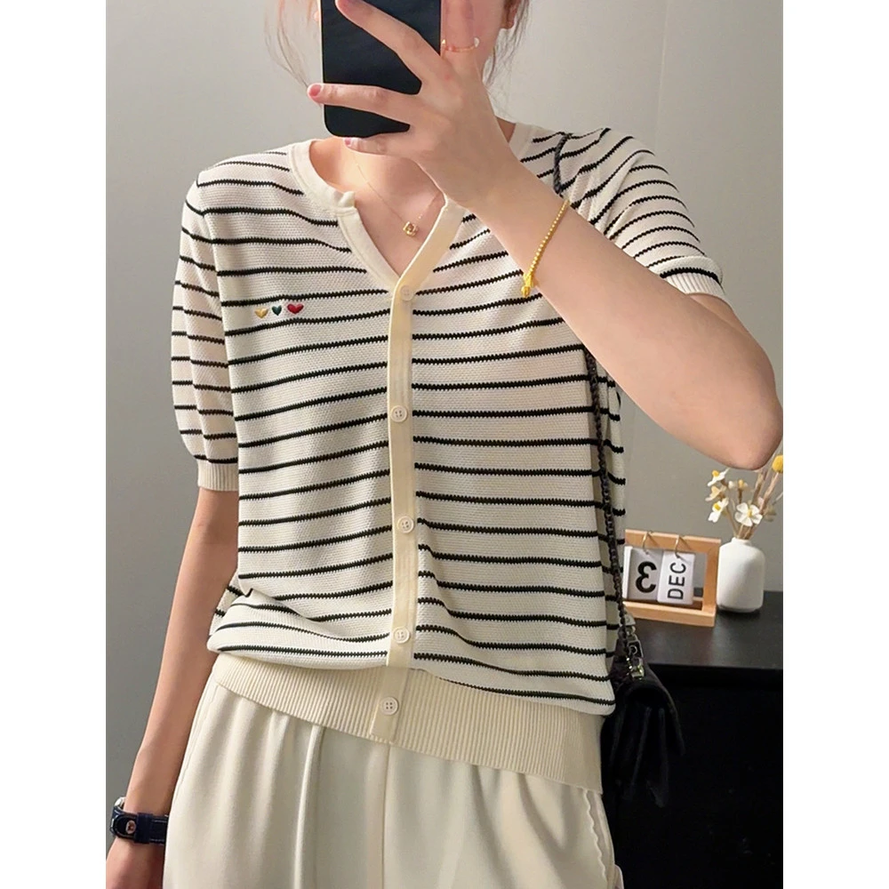 ~100%莱赛尔纤维~~【线下同款】-高定版！V领条纹假开衫短袖针织