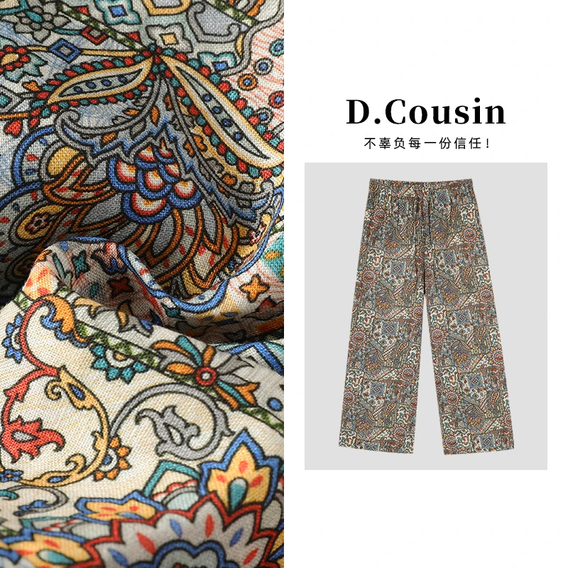 D.cousin  夏季新款小众设计重工复古花纹百搭休闲裤女   2839