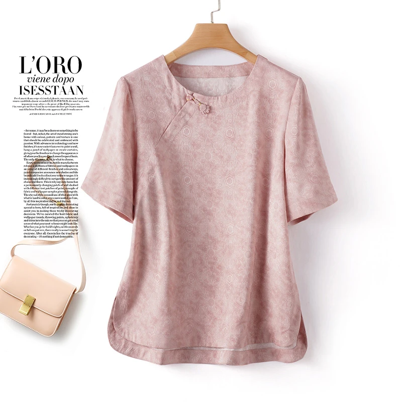 复古文艺T恤短袖耐脏时尚显瘦宽松型桑蚕丝新中式半袖真丝上衣女