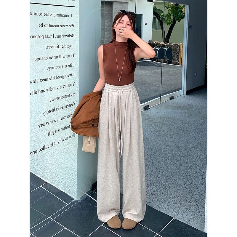 美思源垂感糯米裤女秋季2025新款宽松软糯休闲奶茶色阔腿拖地裤