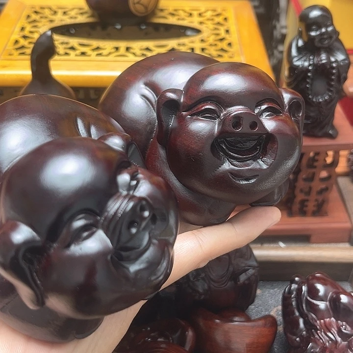 木紫檀红木雕刻一对福猪摆件