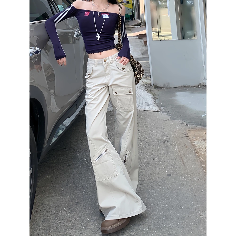 美式工装微喇裤女2025春夏新款高腰显瘦多口袋不贴腿拖地喇叭裤潮