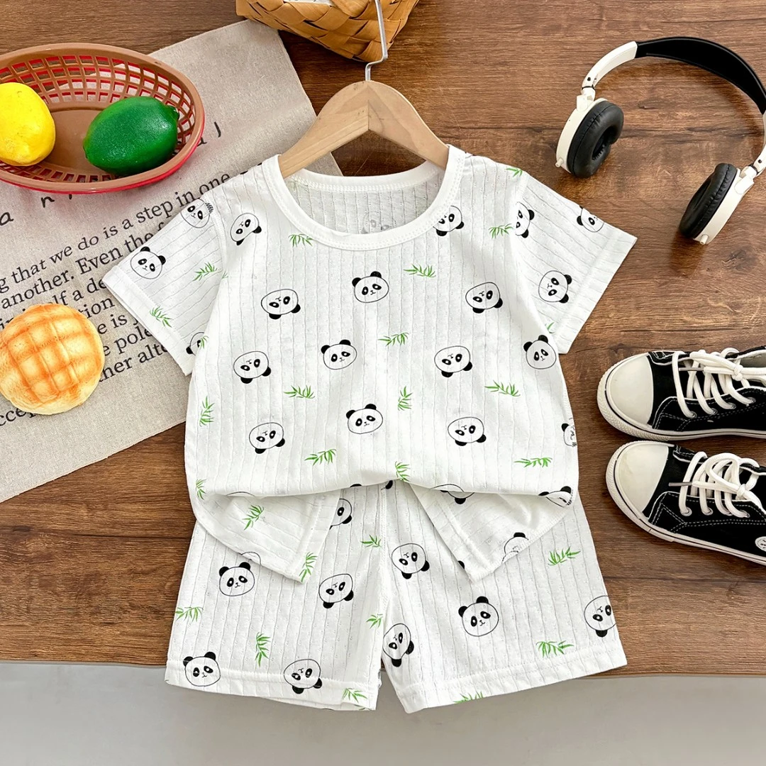 100%棉夏季薄款卡通风休闲风家居服套装小童薄款夏装夏季短袖短裤