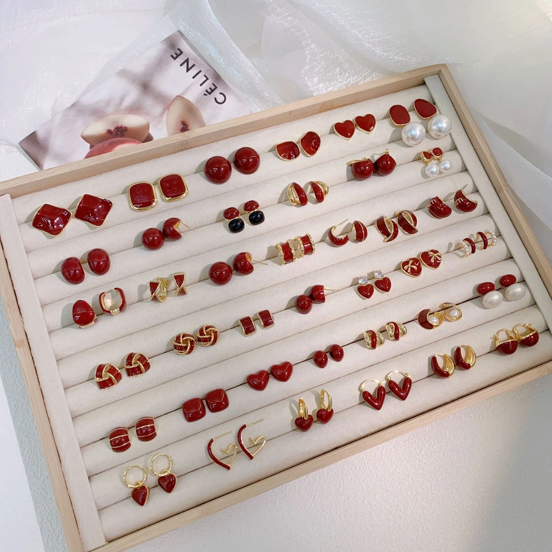 铜合金耳饰 法式复古安可拉红色珐琅滴釉耳环新款时尚耳钉