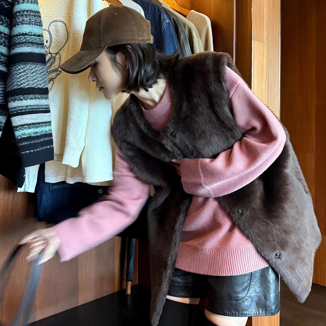 DE Mincollection澳毛美丽奴羊毛简约廓形通勤叠穿皮草马甲56010