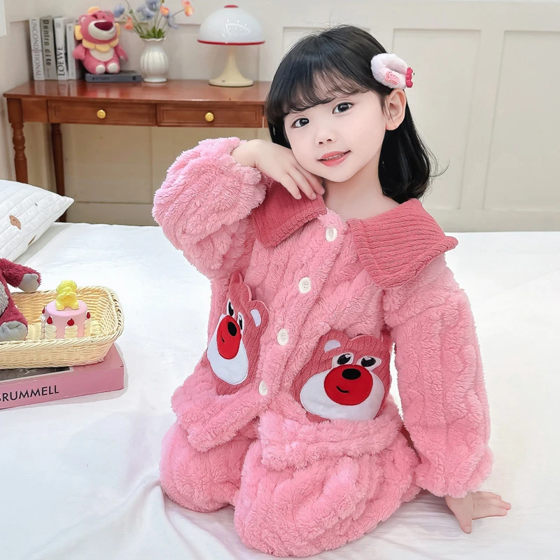 女童法兰绒睡衣秋冬保暖开衫套装2025新款儿童女宝宝法兰绒家居服