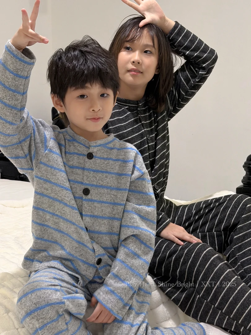 男女童春秋季款穿上不肯脱亲子温暖磨毛感宽松百搭家居服条纹套装