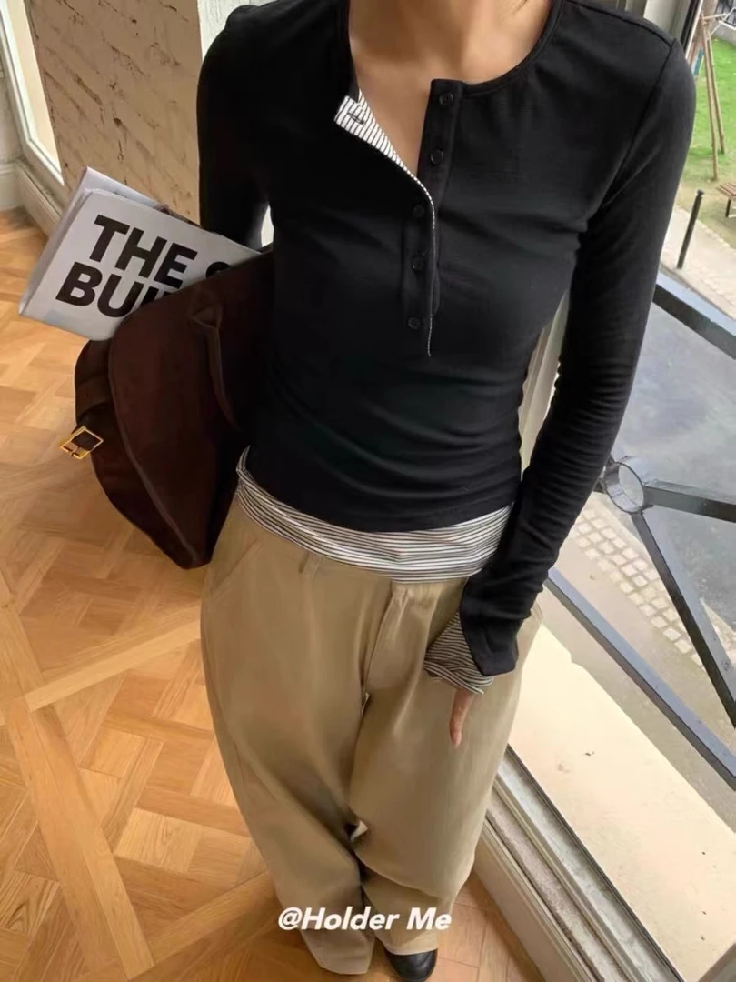 682春季新款女装假俩件条纹拼接长袖上衣