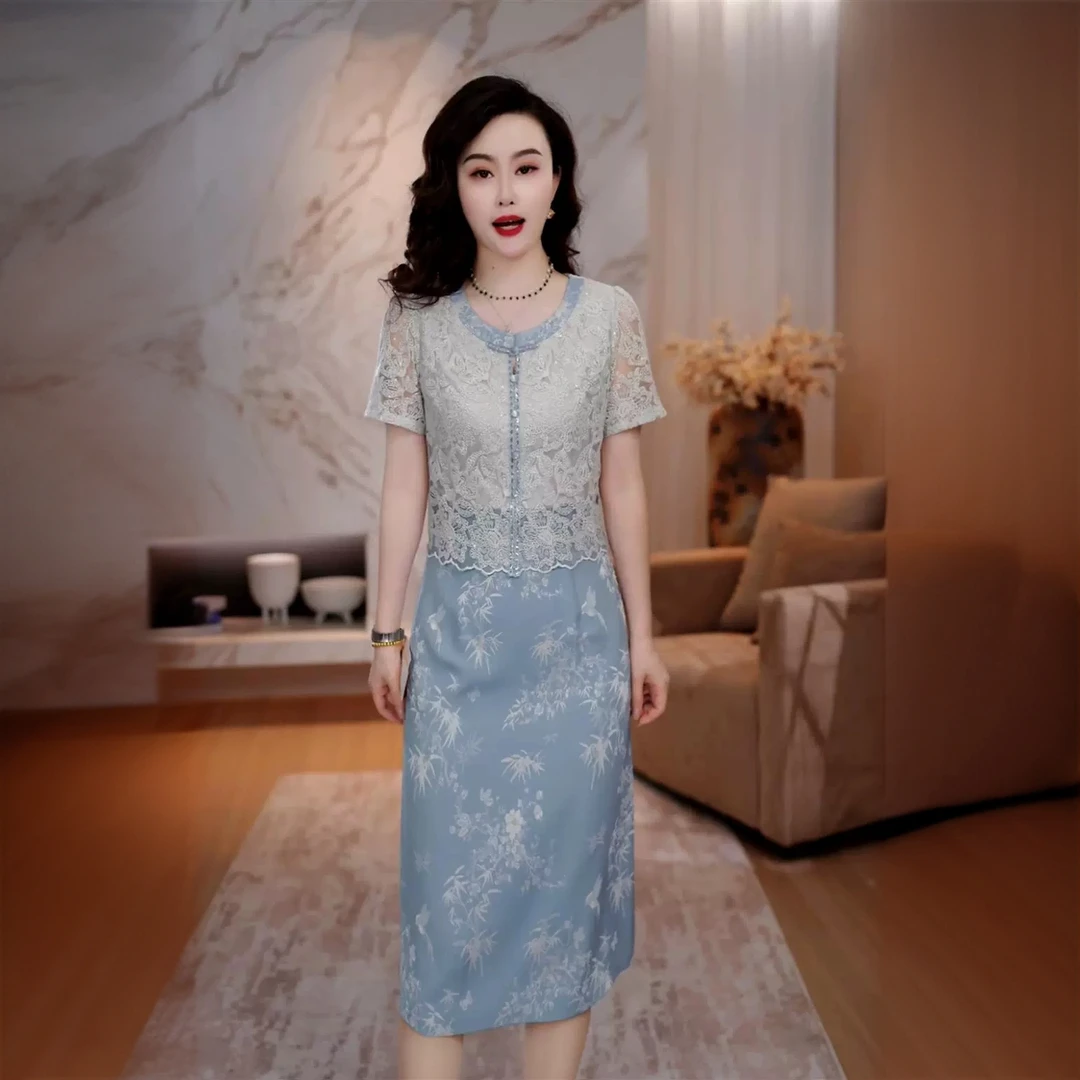 高级琉璃丝时尚洋气百搭碎花中长款礼服裙2025夏季新款显瘦连衣裙