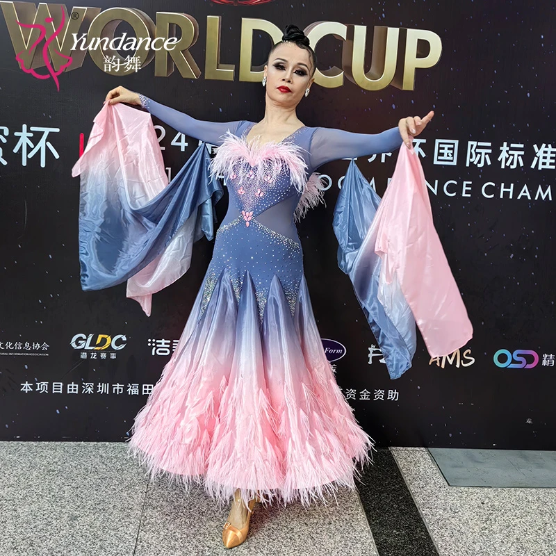 韵舞新款英国进口面料国际标准舞蹈摩登舞赛服表演出服钻花服定制