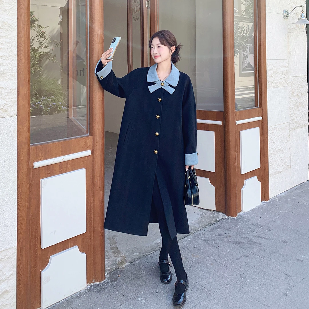 法式黑色小香风蝴蝶结中长款毛呢外套2025秋冬款气质显瘦呢子大衣