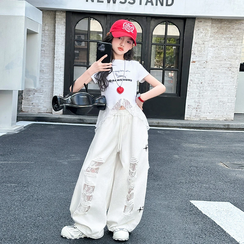 【酷哒仔】女童蕾丝飘带短袖上衣破洞裤子两件套装2025夏季中大童潮