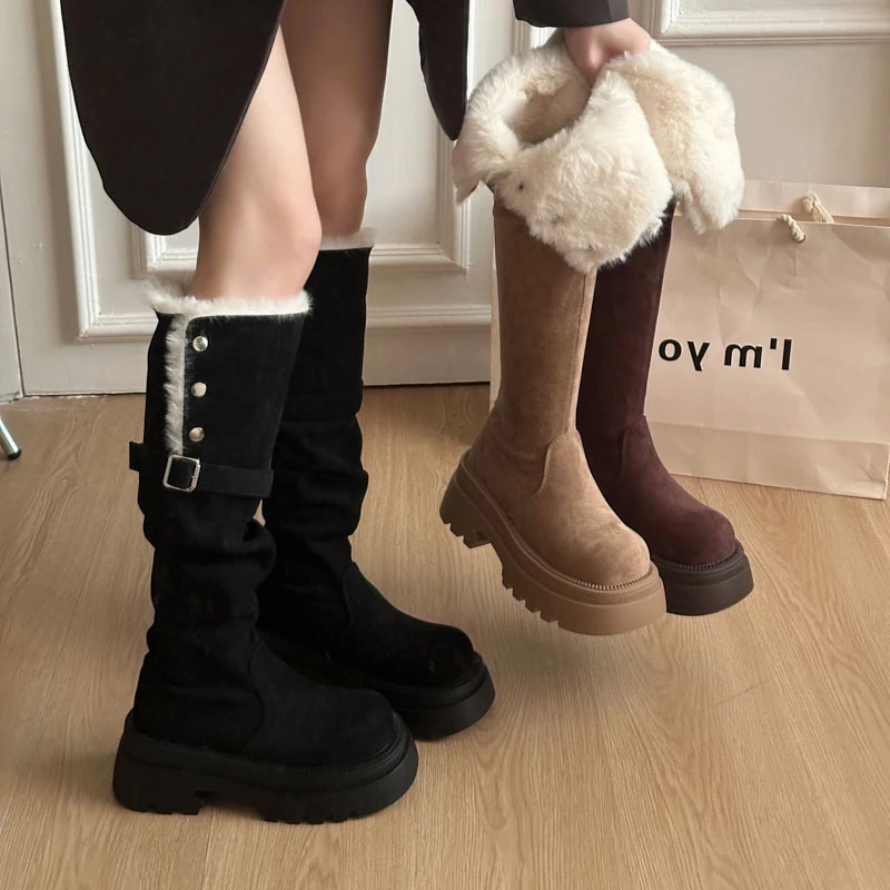 复古厚底增高加绒雪地靴子女2025新款爆款冬季保暖长筒靴东北棉靴