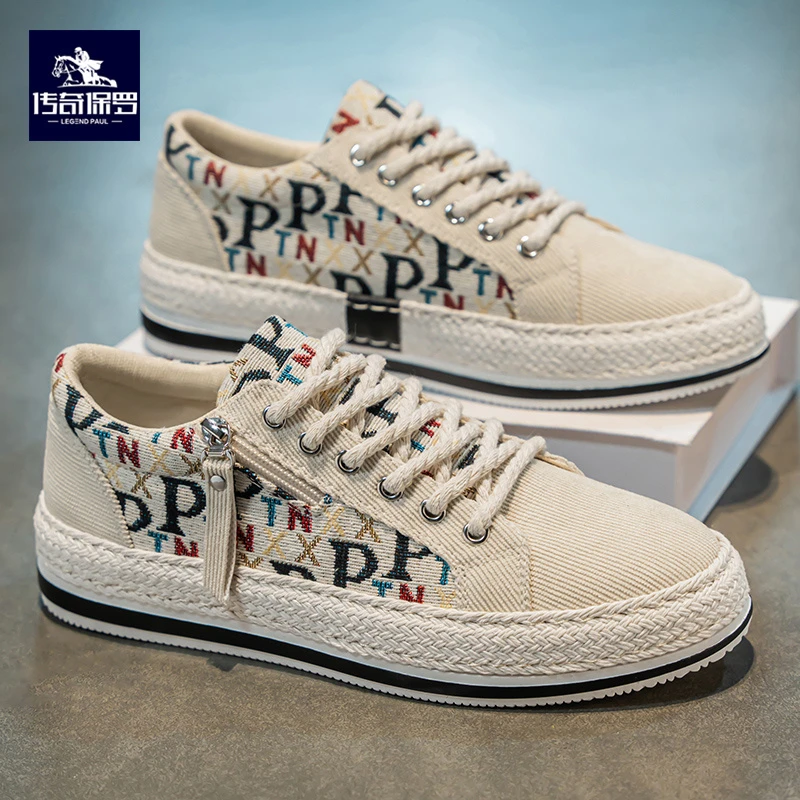 传奇保罗男鞋春季2025新款潮流休闲百搭透气运动时尚低帮帆布板鞋